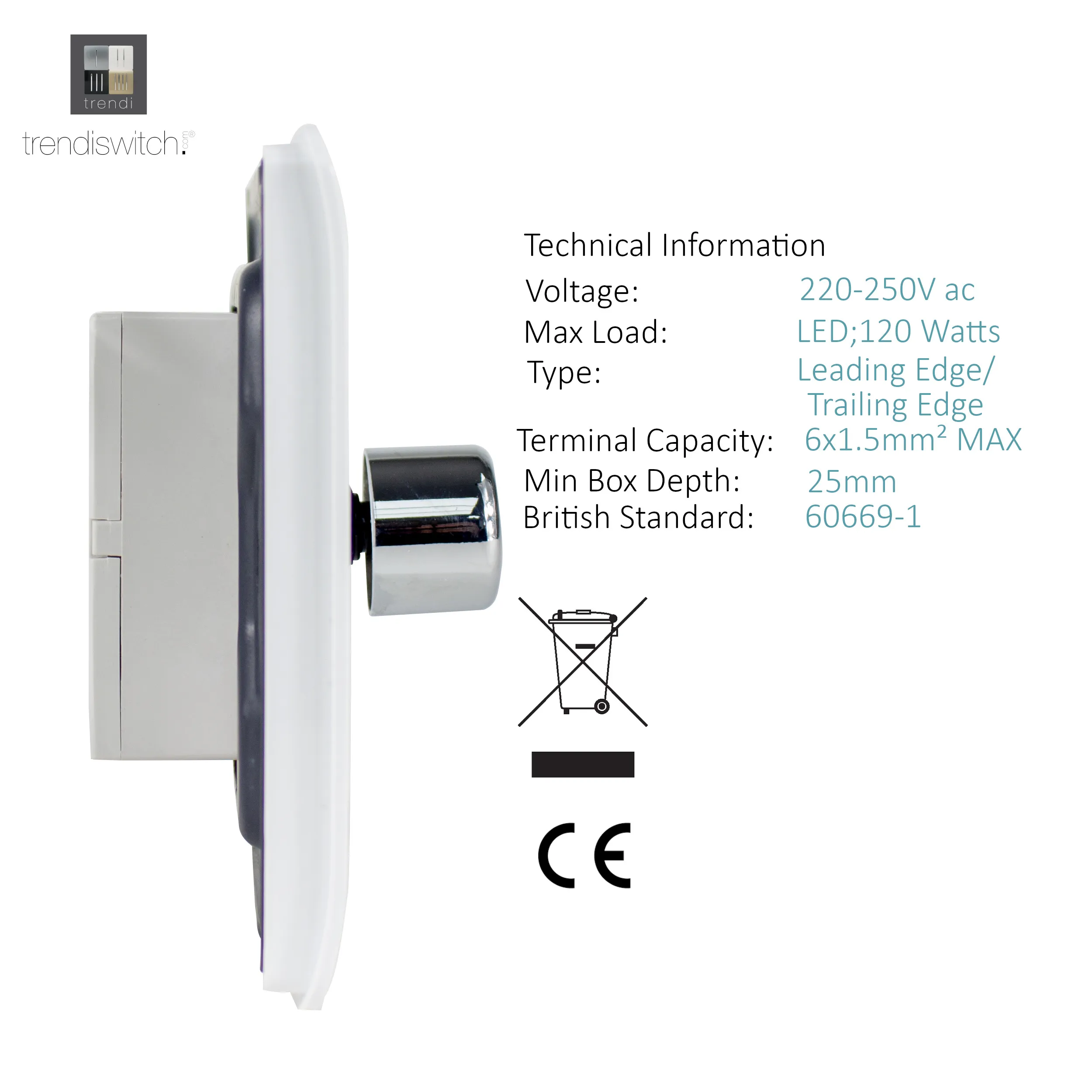 1 Gang 1/2 Way LED Dimmer Switch Ice White ART-LDMWH  Trendi Ice White